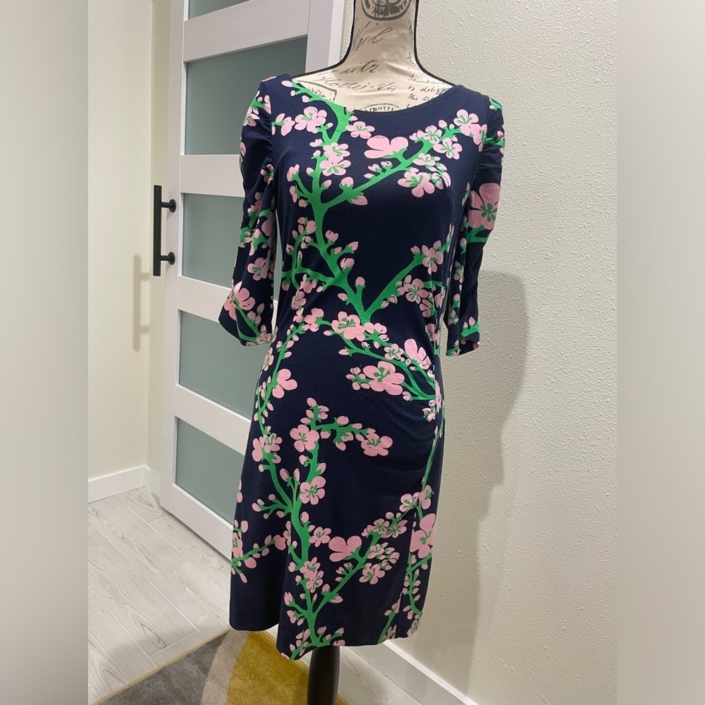 Lilly Pulitzer JEANIE floral scrunch sleeve fitted sheath knit dress M 37”